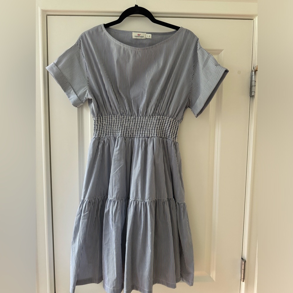 Vineyard Vines Smocked Waist Shirt Dress SZ XS Navy & White Pinstripe